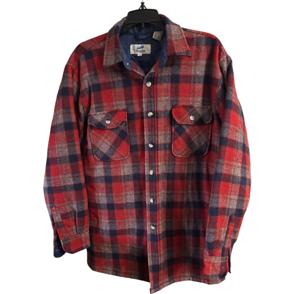 Plaid Flannel Shirt Jacket VTG 70s Briggs Red Shadow Plaid Wool Shirt Jacket M